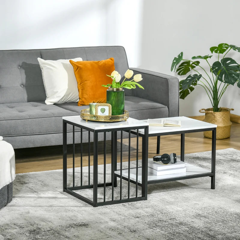 HOMCOM Modern Coffee Table Set of Two, Marble-Effect Nesting Side Tables with Steel Frame for Living Room, White, Black