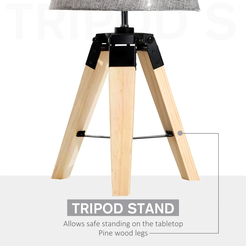 HOMCOM Wooden Tripod Table Lamp for Side, Desk or End Table with E27 Bulb Baseï¼ˆGrey Shadeï¼‰