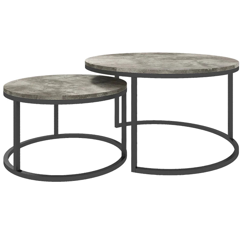 HOMCOM Set of Two Marble-Effect Stacking Tables - Grey/Black