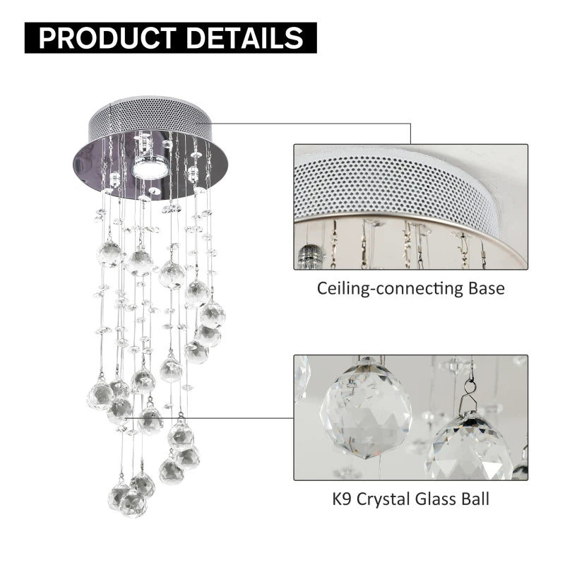 HOMCOM Metal Crystal Ceiling Light Chandelier Elegant Pendant Lamp Living Room Stairway Stairway Spiral Rain Drop Pendant Lamp Silver