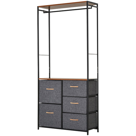 HOMCOM Chest of Drawers with Coat rack Steel Frame 5 Drawers  Bedroom Hallway Home Furniture Black Brown