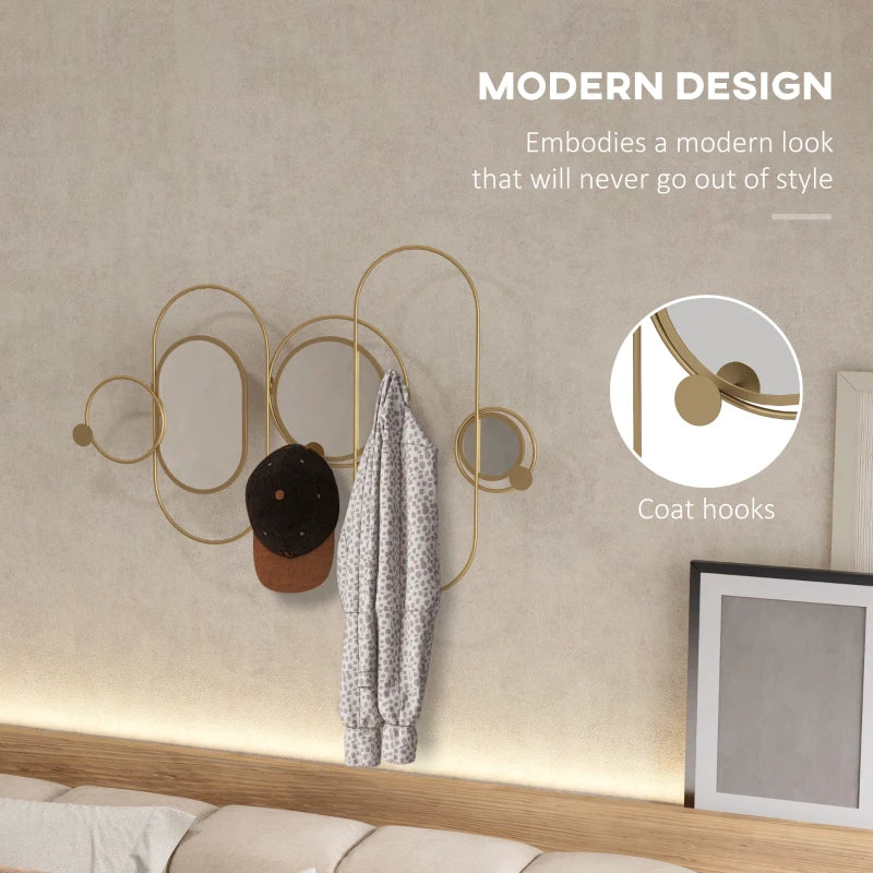 HOMCOM Metal Wall Mirror Decor with Coat Hooks, Modern Decorative Wall Art for Living Room Bedroom, Gold Tone