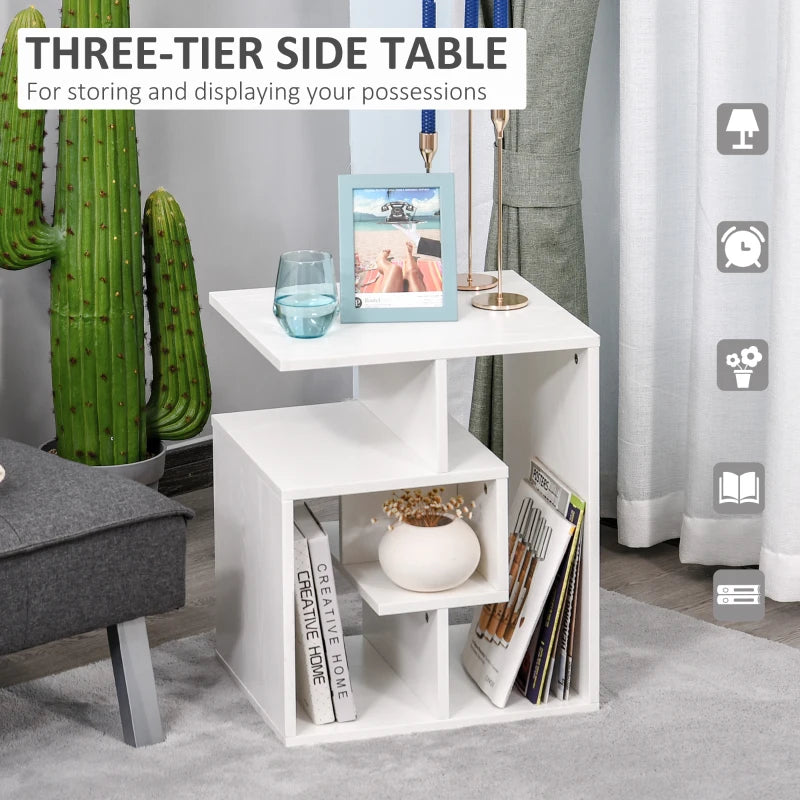 HOMCOM Side Table, 3 Tier End Table with Open Storage Shelves, Living Room Coffee Table Organiser Unit, White