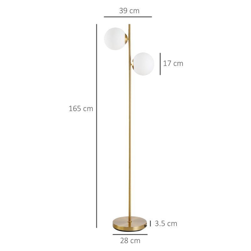 HOMCOM 2 Lights Tree Floor Lamp for Living Room with Globe Lampshade, Standing Lamp for Bedroom, Bulb not Included, Gold Tone