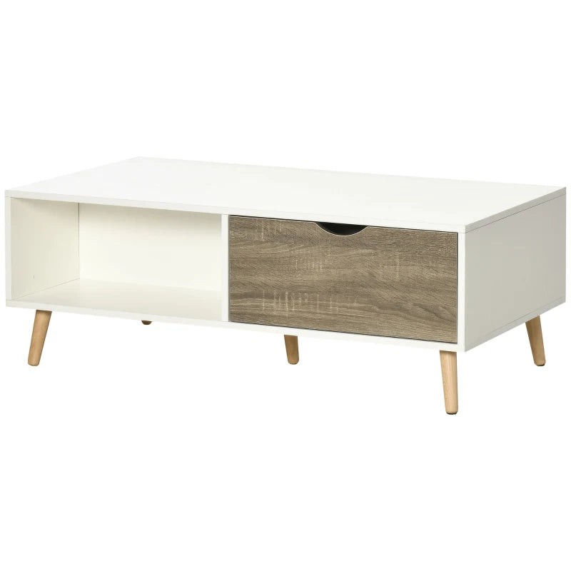 HOMCOM Coffee Table, Modern Tea Table with Open Storage Shelves, Two Drawers and Solid Wood Legs, Coffee Tables for Living Room, Bed Room, White