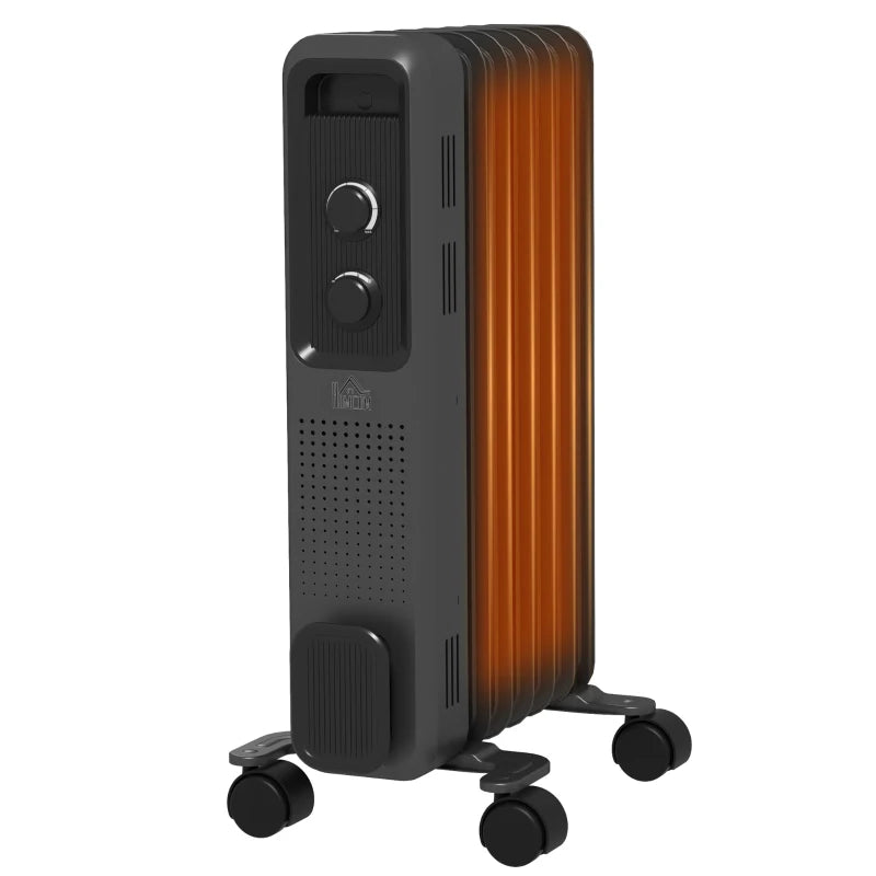 HOMCOM 1500W Oil Filled Radiator, 7 Fin, Portable Electric Heater with 3 Heat Settings, Safety Cut-Off and Wheels, Grey