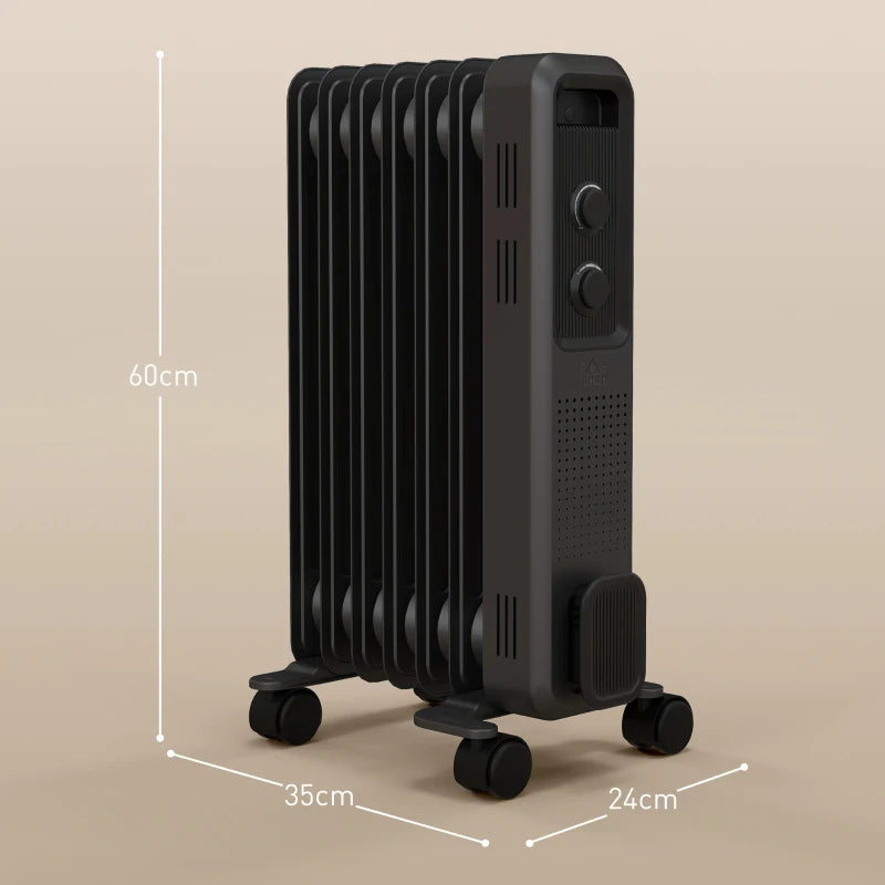 HOMCOM 1500W Oil Filled Radiator, 7 Fin, Portable Electric Heater with 3 Heat Settings, Safety Cut-Off and Wheels, Grey