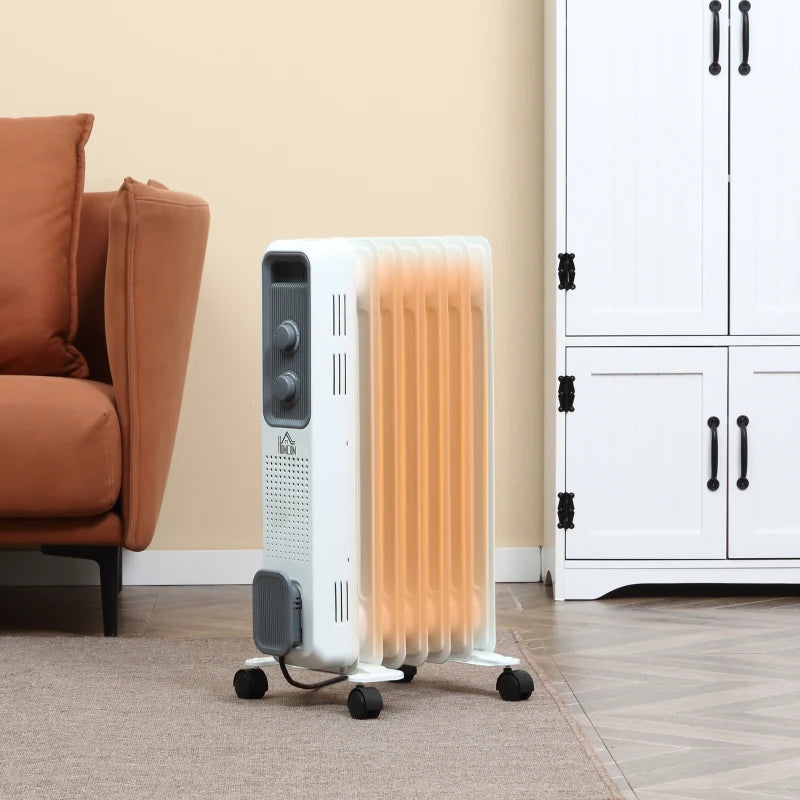 HOMCOM 1500W Oil Filled Radiator, 7 Fin, Portable Electric Heater with 3 Heat Settings, Safety Cut-Off and Wheels, White