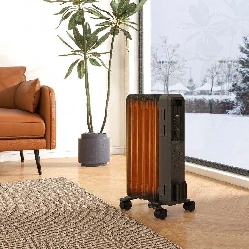 HOMCOM 1500W Oil Filled Radiator, 7 Fin, Portable Electric Heater with 3 Heat Settings, Safety Cut-Off and Wheels, Grey