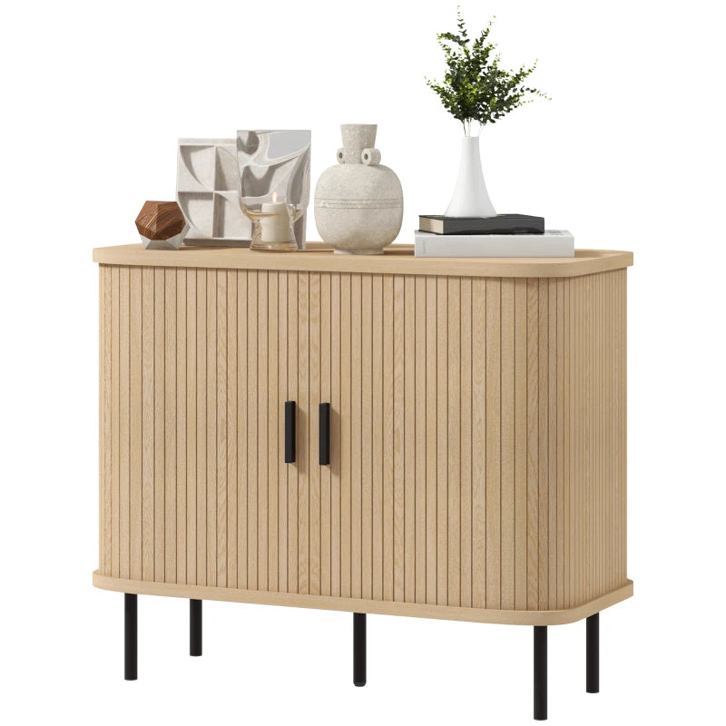 HOMCOM Mid-Century Modern Sideboard Storage Cabinet with Slatted Tambour Sliding Doors, Kitchen Cabinet with Steel Legs, Oak Tone