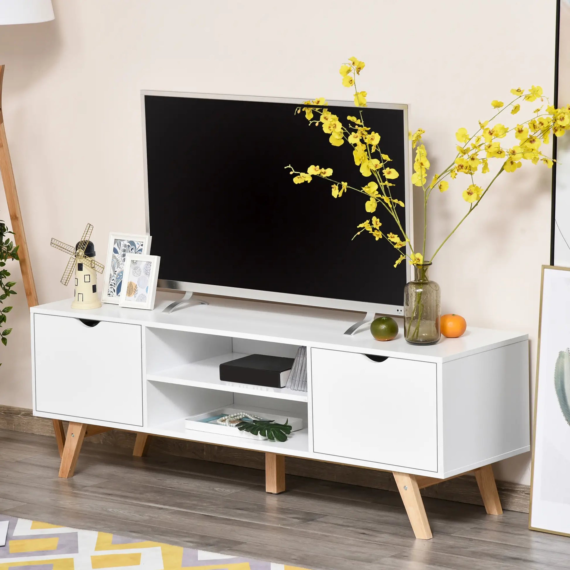 HOMCOM TV Stand Cabinet for TVs up to 65", Media Unit w/Wood Legs Storage Shelves Entertainment Center Modern Living Room Home Furniture White