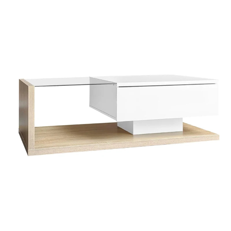 High Gloss Coffee Table with Glass Top and LED Lights, Sofa Table for Living Room, 105L x 55W x 32.5H cm, White+Natural