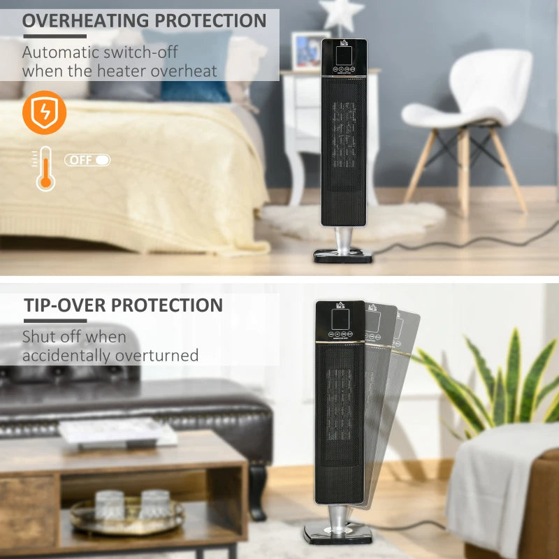 HOMCOM 31 Inch Space Heater, 1000W/2000W Ceramic Electric Heater and Fan, Overheating & Tip-Over Protection, 8H Timer, 60Â° Oscillation, Portable Heater for Home