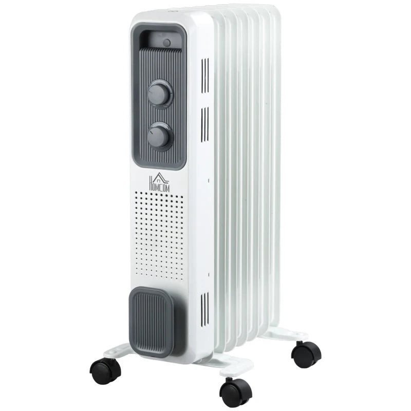 HOMCOM 1500W Oil Filled Radiator, 7 Fin, Portable Electric Heater with 3 Heat Settings, Safety Cut-Off and Wheels, White