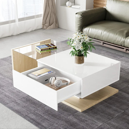 High Gloss Coffee Table with Glass Top and LED Lights, Sofa Table for Living Room, 105L x 55W x 32.5H cm, White+Natural