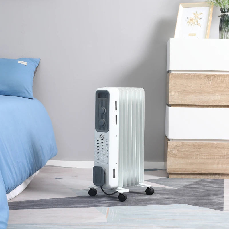 HOMCOM 1500W Oil Filled Radiator, 7 Fin, Portable Electric Heater with 3 Heat Settings, Safety Cut-Off and Wheels, White