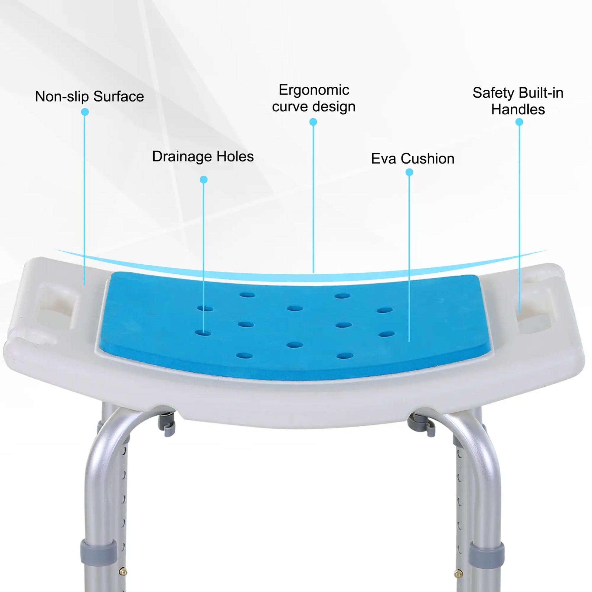 HOMCOM 6-Level Height Adjustable Aluminium Bath Room Stool Chair Shower Non-Slip Design w/ Padded Seat Drainage Holes Foot Pad, Blue