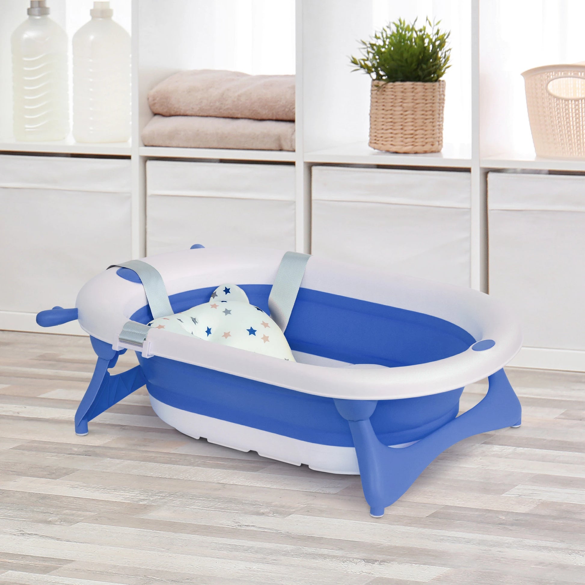 HOMCOM Foldable Baby Bathtub Set, Collapsible Bath Tub with Thermostatic Water Plug, Non-Slip Support, Cushion Pad, Drain Plugs, for Newborn to 3 Years - Blue