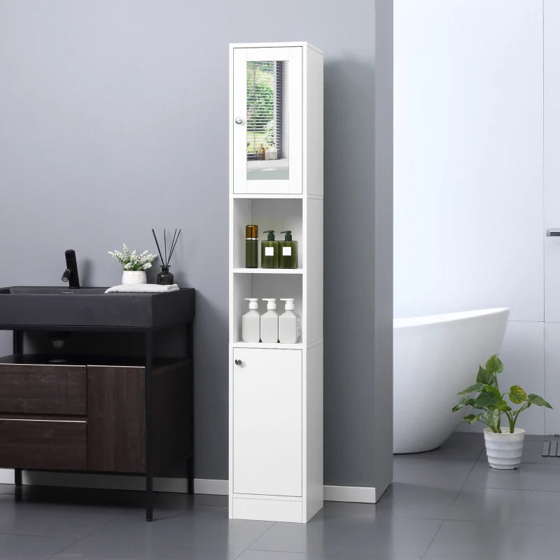 kleankin Tall Bathroom Storage Cabinet with Mirror, Freestanding Floor Cabinet Tallboy Unit with Adjustable Shelves, White