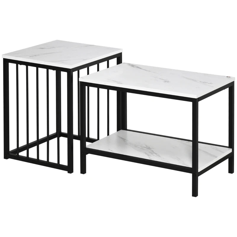 HOMCOM Modern Coffee Table Set of Two, Marble-Effect Nesting Side Tables with Steel Frame for Living Room, White, Black