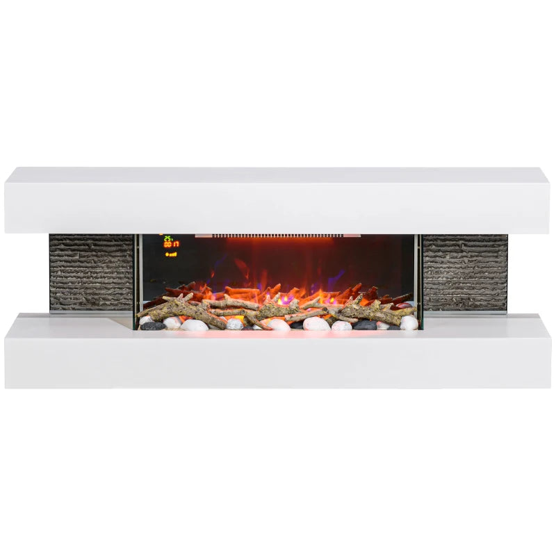 HOMCOM 47inch / 120cm Electric Fireplace Wall Mounted, Freestanding, Glass Electric Fire Suite with Mantel, Adjustable LED Flame Effect, Log, Pebble, Remote Control, 2000W, White