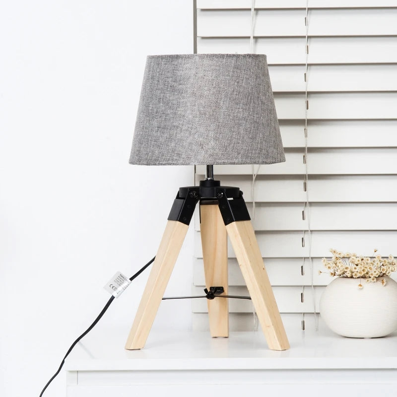 HOMCOM Wooden Tripod Table Lamp for Side, Desk or End Table with E27 Bulb Baseï¼ˆGrey Shadeï¼‰