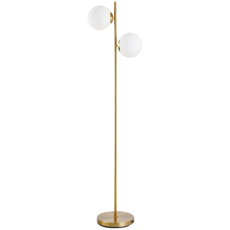 HOMCOM 2 Lights Tree Floor Lamp for Living Room with Globe Lampshade, Standing Lamp for Bedroom, Bulb not Included, Gold Tone