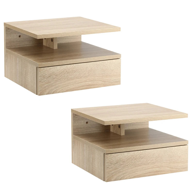 HOMCOM Set of Two Floating Bedside Tables - Oak Tone