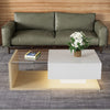 High Gloss Coffee Table with Glass Top and LED Lights, Sofa Table for Living Room, 105L x 55W x 32.5H cm, White+Natural