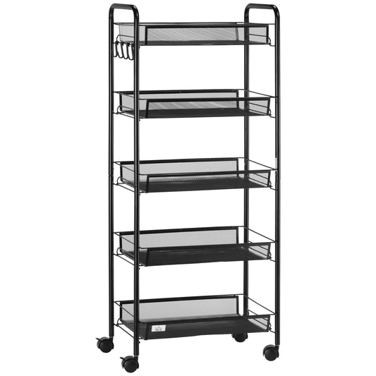 HOMCOM Five-Steel Mesh Basket Storage Trolley, with Wheels - Black