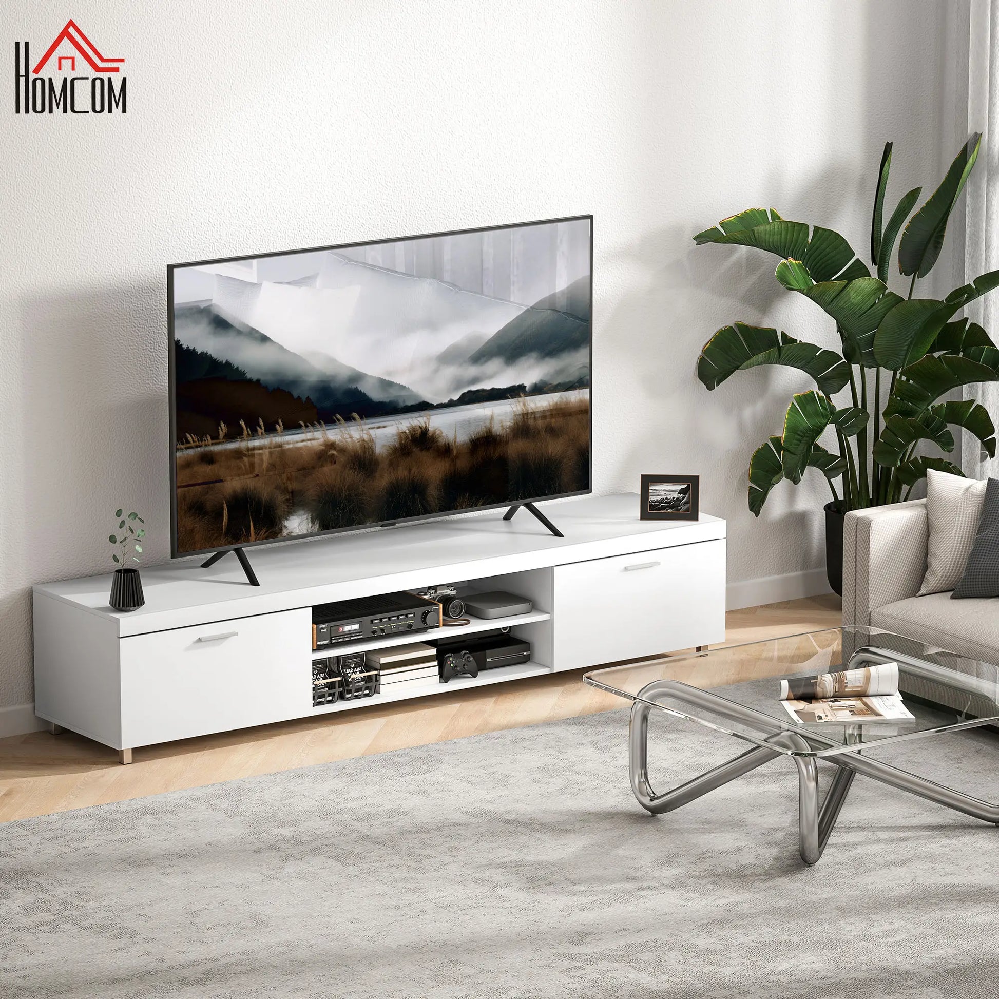 HOMCOM Modern TV unit Cabinet Entertainment Centre for TVs up to 90" w/ Cabinet Shelf for Living room Bedroom White