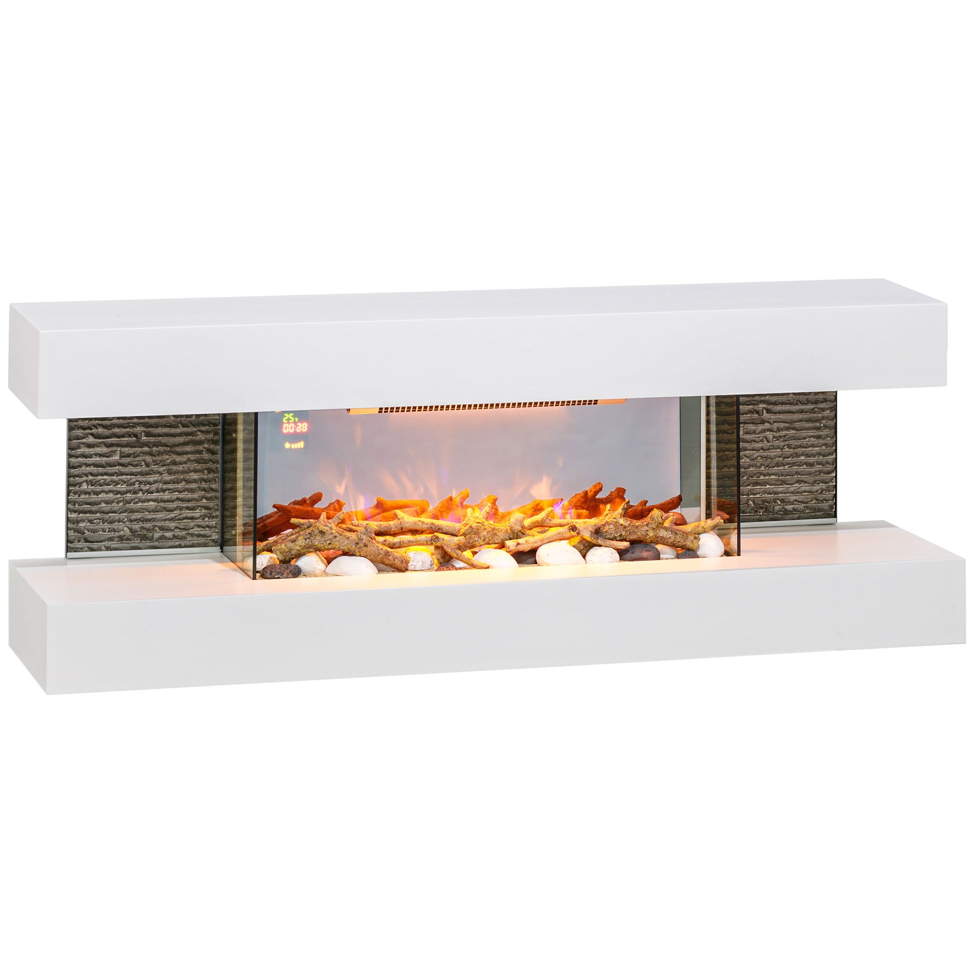 HOMCOM 47inch / 120cm Electric Fireplace Wall Mounted, Freestanding, Glass Electric Fire Suite with Mantel, Adjustable LED Flame Effect, Log, Pebble, Remote Control, 2000W, White