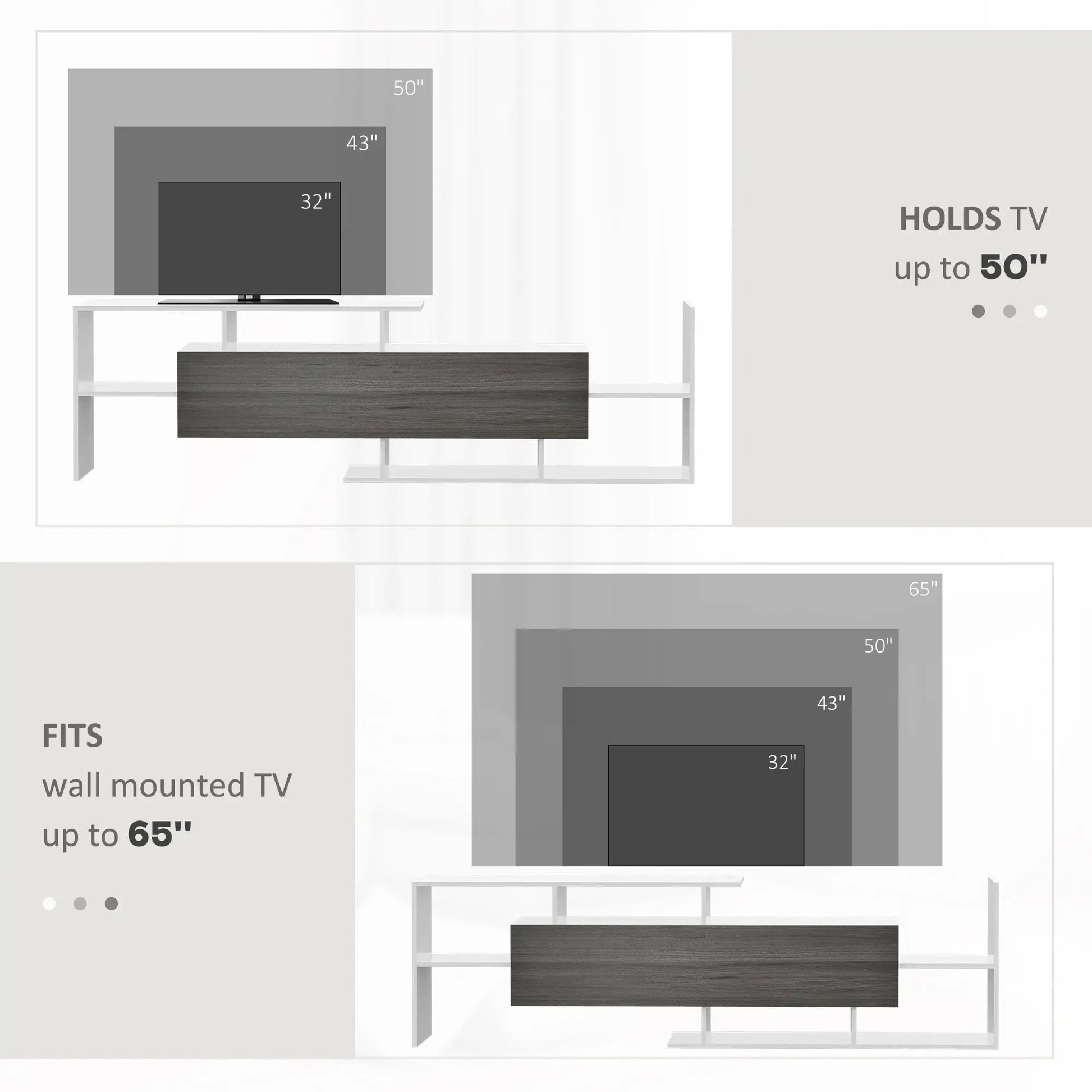 HOMCOM Modern TV Cabinet with Wall Shelf, TV Unit with Storage Shelf and Cabinet, for Wall-Mounted 65" TVs or Standing 40" TVs, White and Grey