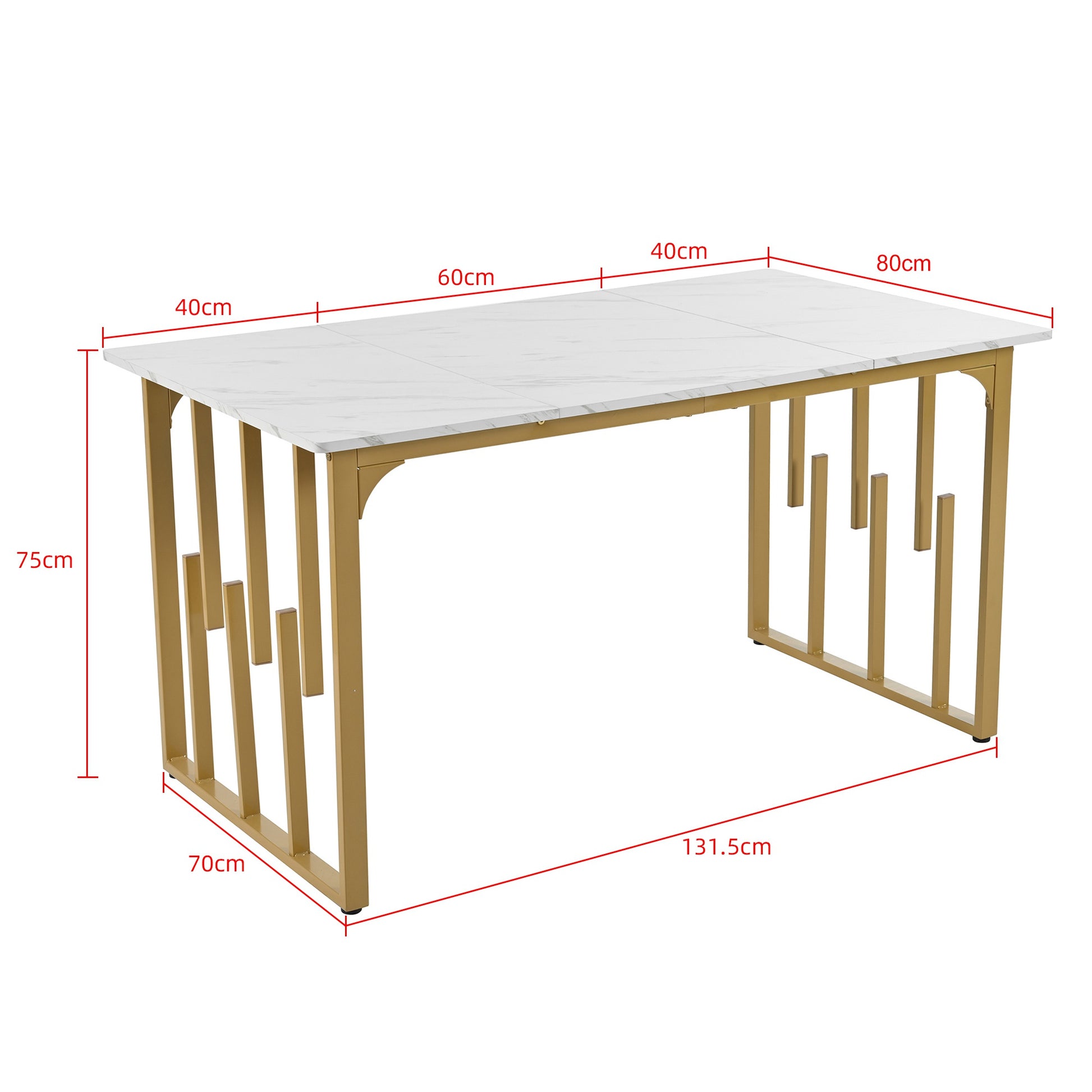 Modern Dining Rooms Tables with Iron Square Tube Legs and Marble Pattern, Extendable Table for Kitchen, 140x80x75 cm, White+Gold