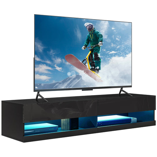 HOMCOM Floating TV Unit, Wall Mounted TV Cabinet for TVs up to 65", High Gloss Media Wall Unit with LED Lights, Storage Shelves for Living Entertainment Room, Black