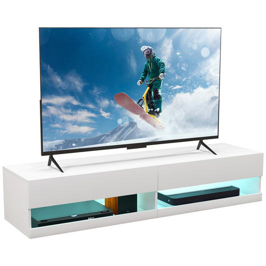 HOMCOM Floating TV Unit, Wall Mounted TV Cabinet for TVs up to 65", High Gloss Media Wall Unit with LED Lights, Storage Shelves for Living Entertainment Room, White