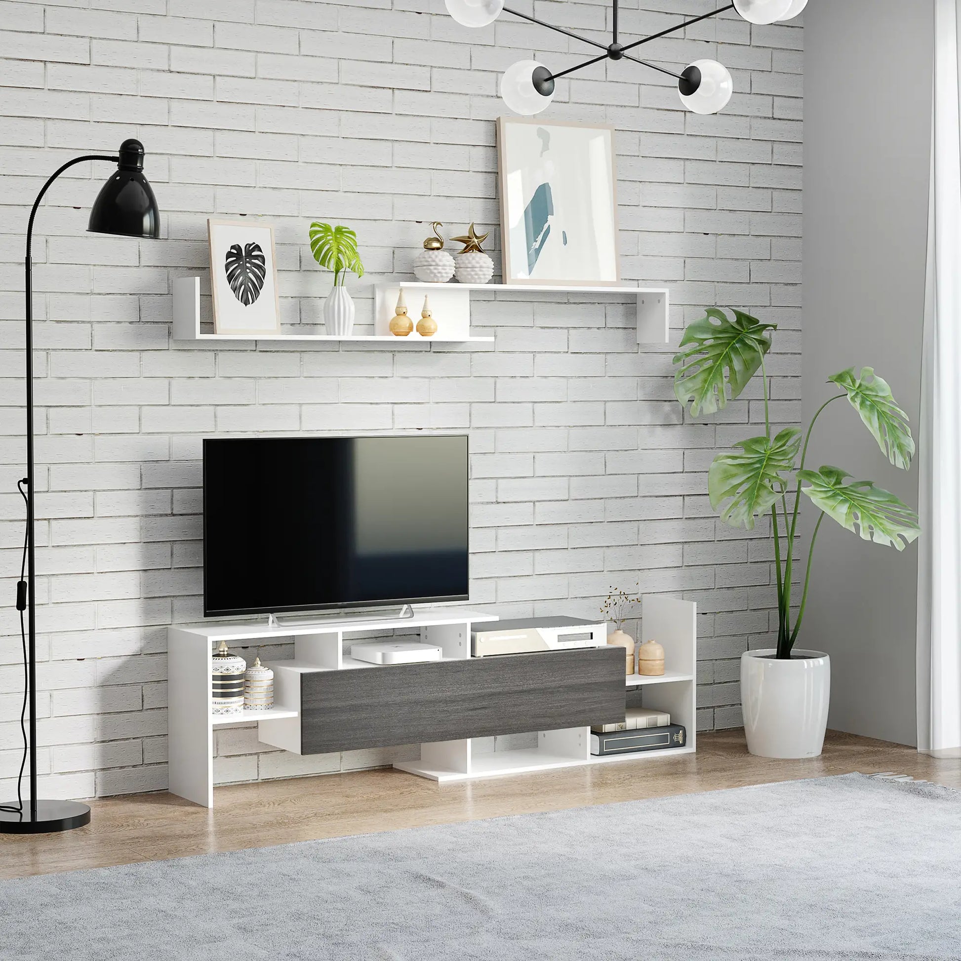 HOMCOM Modern TV Cabinet with Wall Shelf, TV Unit with Storage Shelf and Cabinet, for Wall-Mounted 65" TVs or Standing 40" TVs, White and Grey