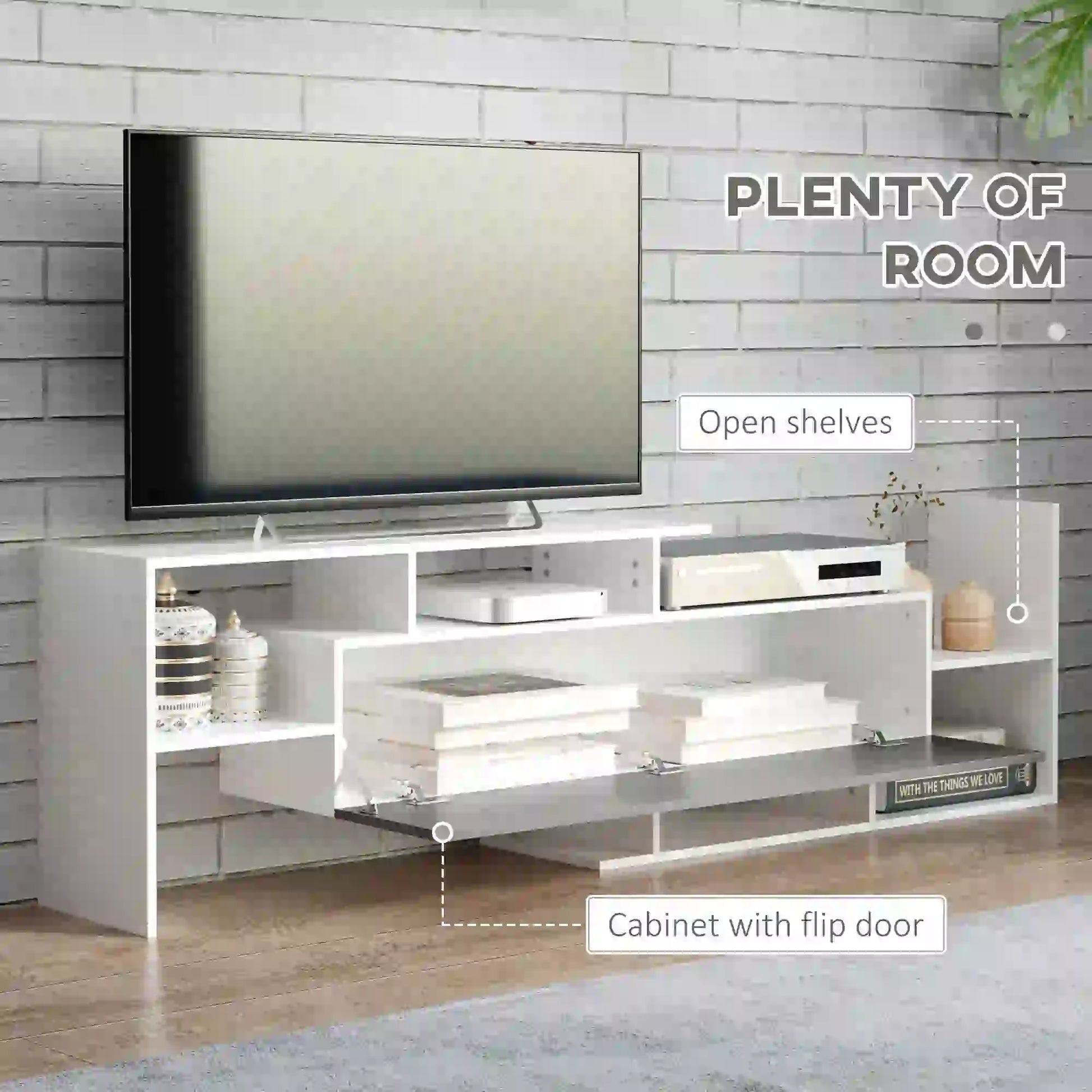 HOMCOM Modern TV Cabinet with Wall Shelf, TV Unit with Storage Shelf and Cabinet, for Wall-Mounted 65" TVs or Standing 40" TVs, White and Grey