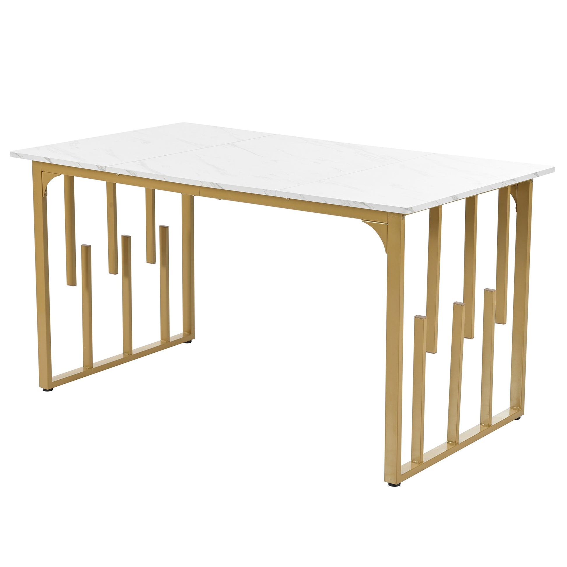 Modern Dining Rooms Tables with Iron Square Tube Legs and Marble Pattern, Extendable Table for Kitchen, 140x80x75 cm, White+Gold